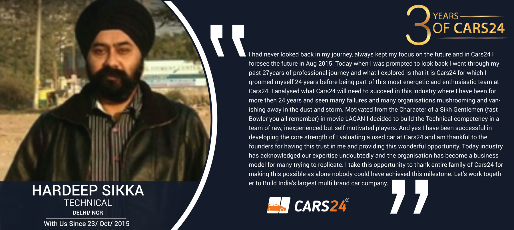 Original 3 Years of Cars24 employee story featuring Hardeep Sikka