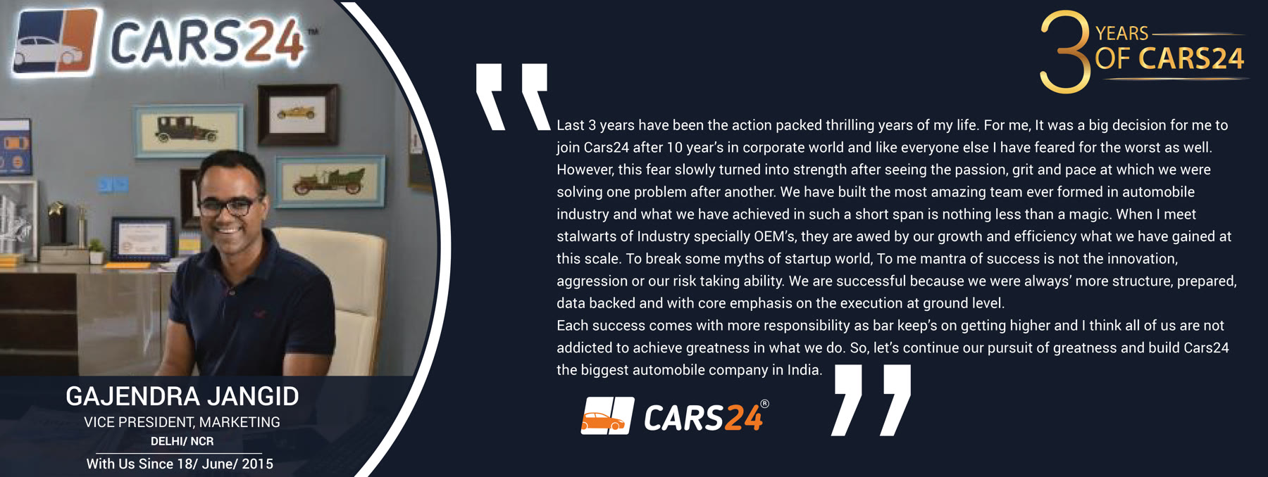 Original 3 Years of Cars24 employee story featuring Gajendra Jangid