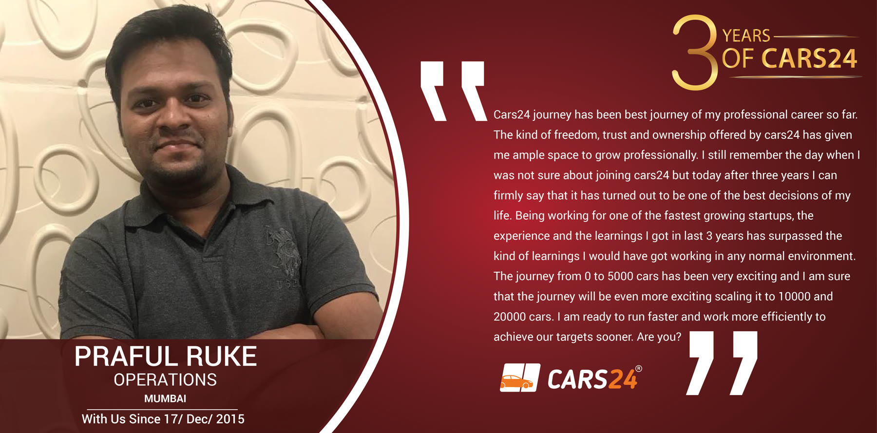 Original 3 Years of Cars24 employee story featuring Praful Ruke