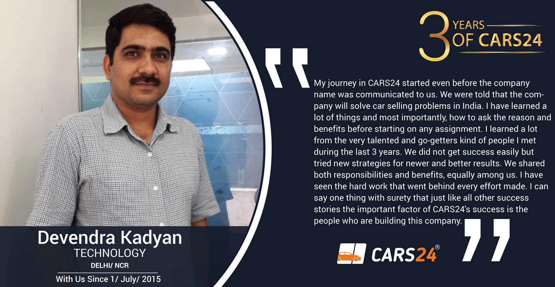 Original 3 Years of Cars24 employee story featuring Devendra Kadyan