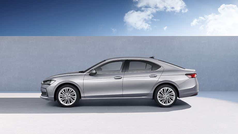 side view of a Steel Grey Skoda Superb