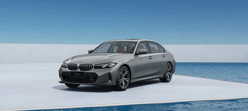 front three-quarter view of a Skyscraper Metallic BMW 3 Series Gran Limousine