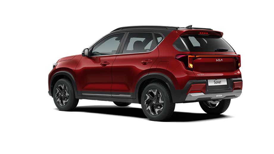 rear three-quarter of a Intense Red Kia Sonet