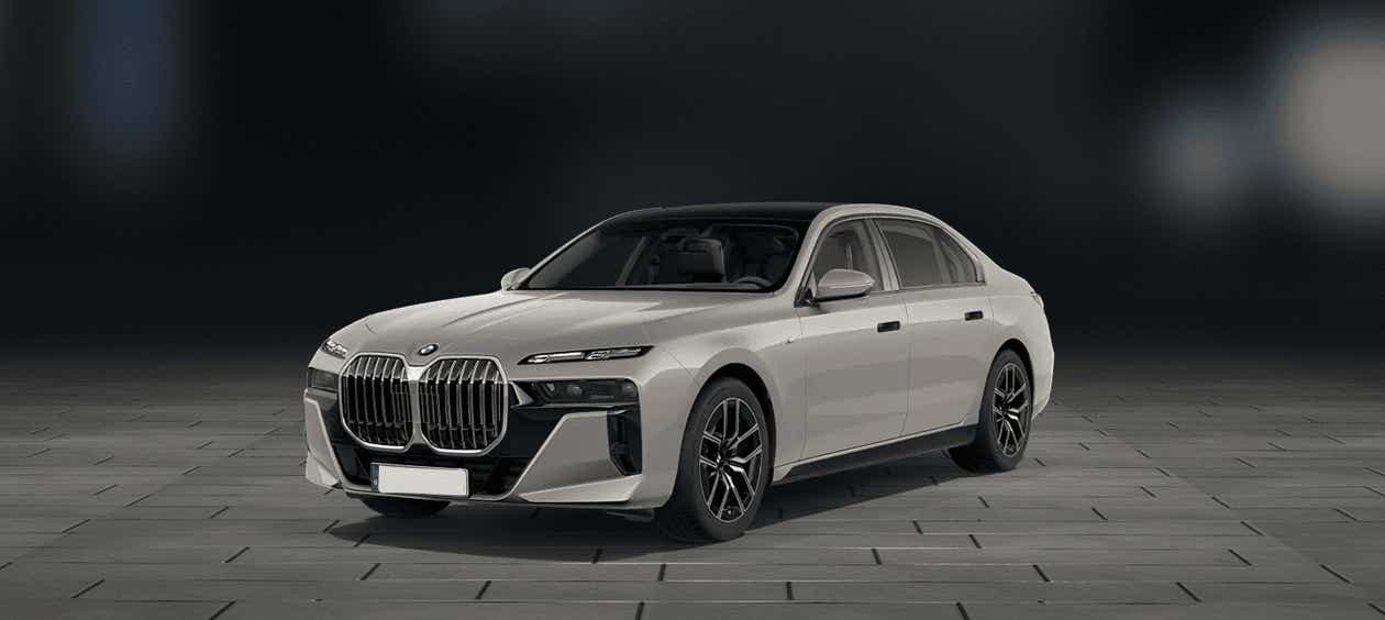 Front three-quarter view of a Mineral White Metallic BMW 7 Series