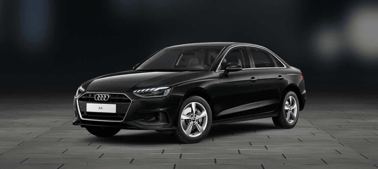 front three-quarter view of a Mythos Black Metallic Audi A4