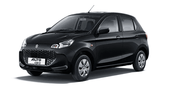 front three-quarter of a Pearl Midnight Black Maruti Suzuki Alto K10