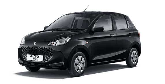 front three-quarter of a Pearl Midnight Black Maruti Suzuki Alto K10