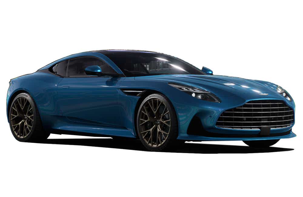 front three-quarter view of a Quasar Blue Aston Martin DB12