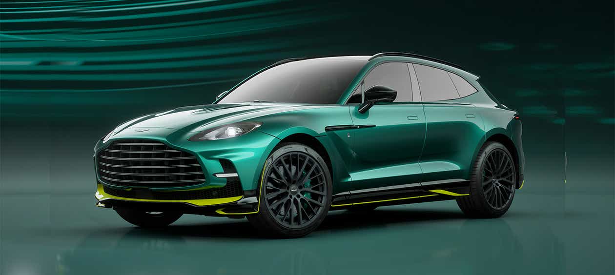 front three-quarter view of a Photon Lime Aston Martin DBX