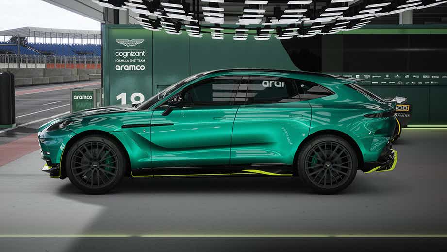 side view of a Photon Lime Aston Martin DBX