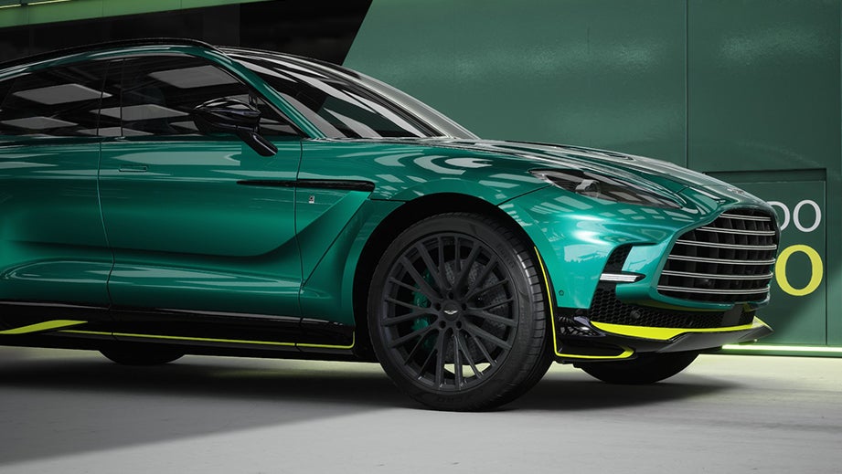 Front side view of a Photon Lime Aston Martin DBX