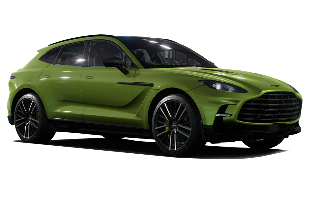 front three-quarter view of a Photon Lime Aston Martin DBX