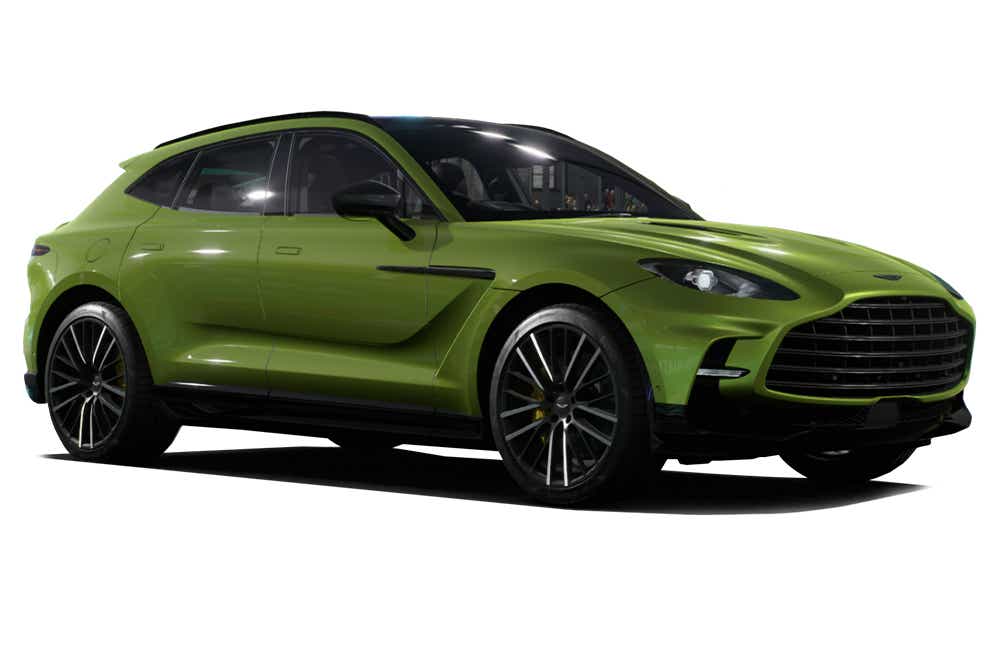 front three-quarter view of a Photon Lime Aston Martin DBX