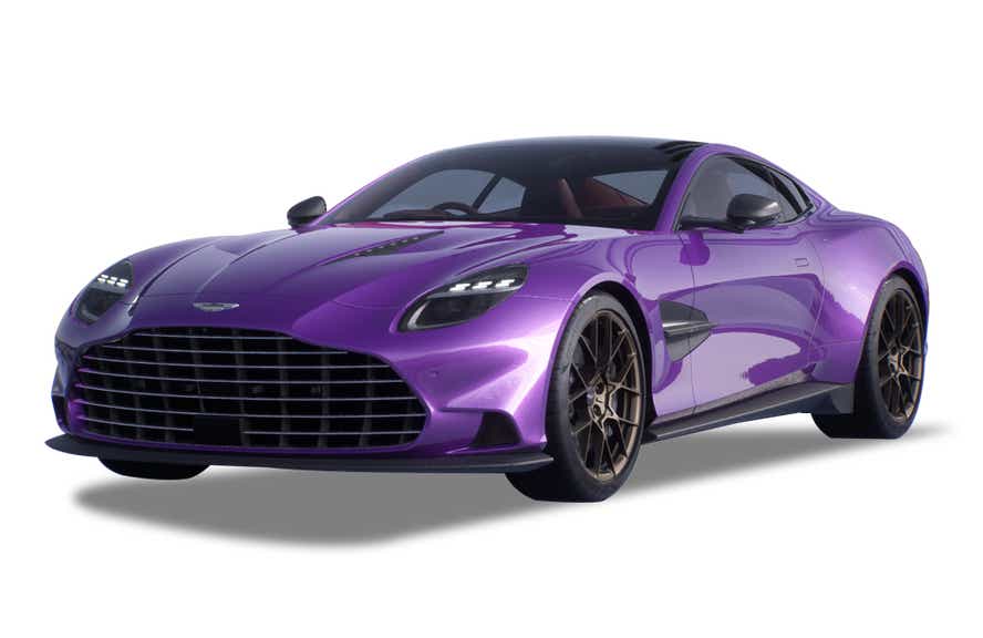 Front three-quarter view of a Digital Violet Aston Martin Vanquish
