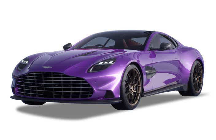 Front three-quarter view of a Digital Violet Aston Martin Vanquish