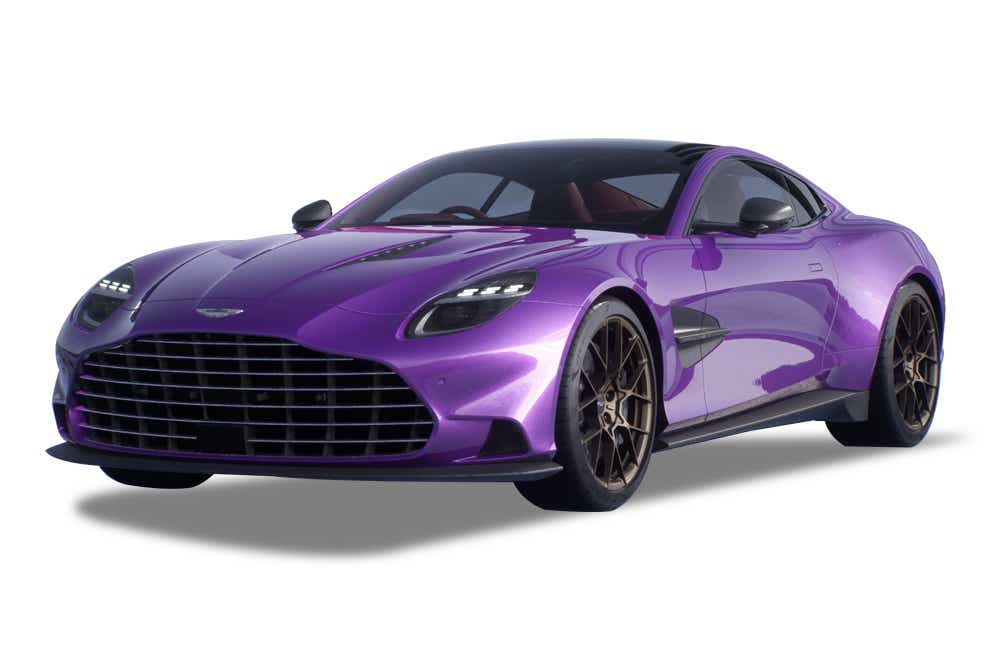 Front three-quarter view of a Digital Violet Aston Martin Vanquish