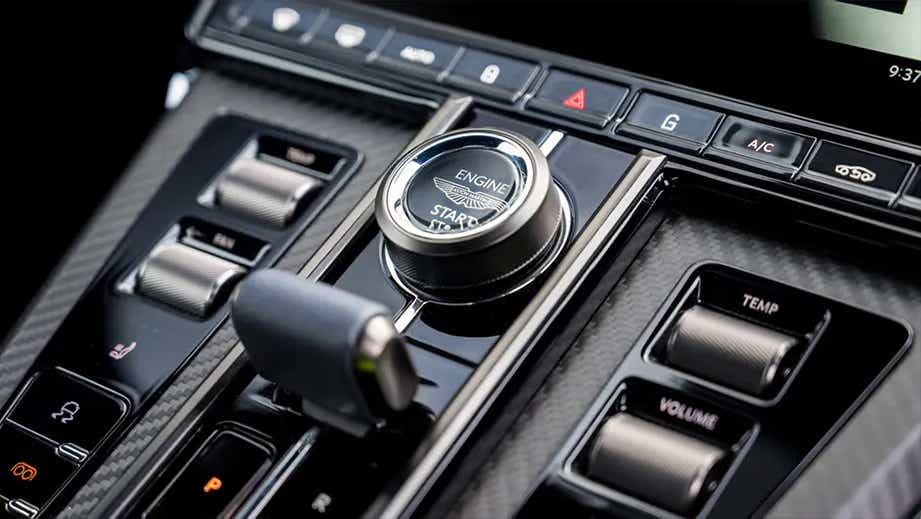 Center console and start button of a Aston Martin Vantage