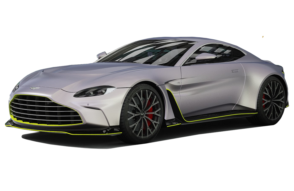front three-quarter view of a Satin Silver Birch Aston Martin Vantage 2019-2023