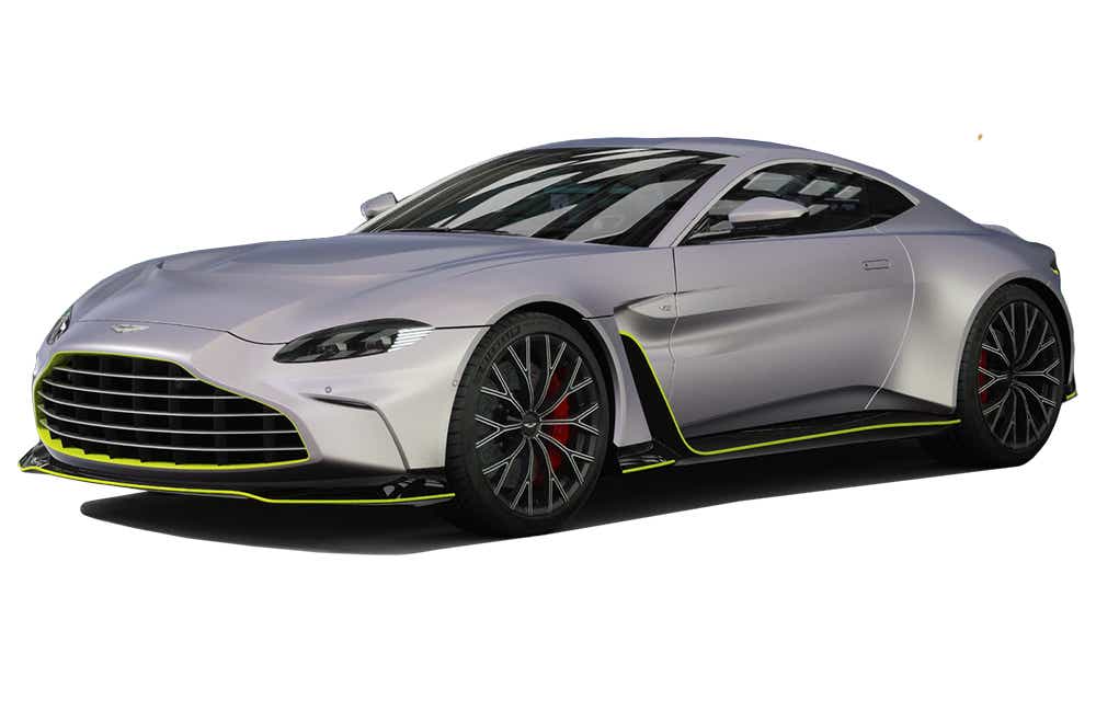 front three-quarter view of a Satin Silver Birch Aston Martin Vantage 2019-2023