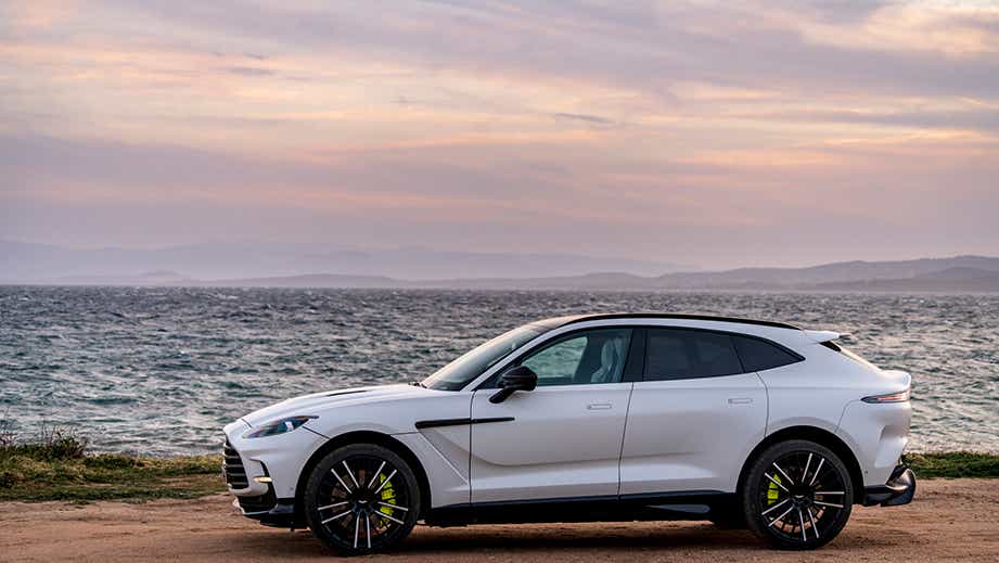 side view of a Satin Lunar White Aston Martin DBX