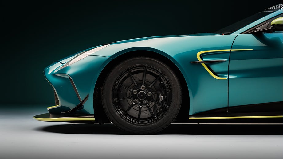 Front wheel and fender view of an Aston Martin Vantage