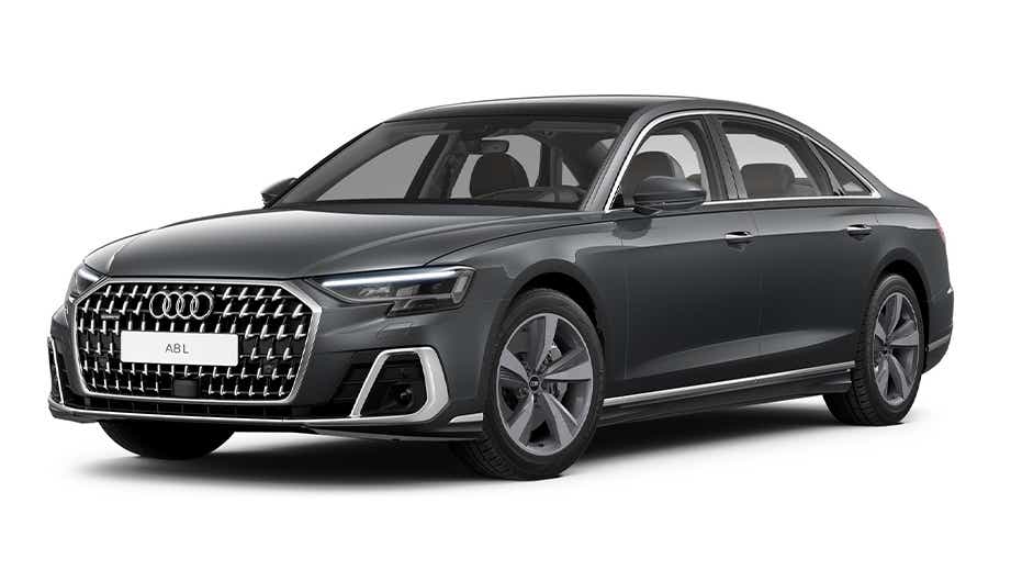 front three-quarter view of a Vesuvius Gray Metallic Audi A8 L