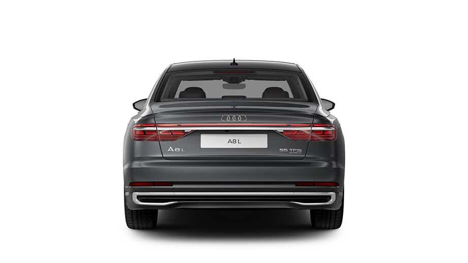 Rear view of a Vesuvius Gray Metallic Audi A8 L