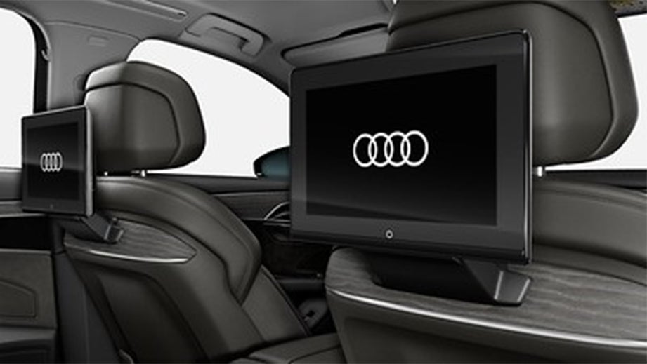 Rear seat entertainment screens in a Vesuvius Gray Metallic Audi A8 L