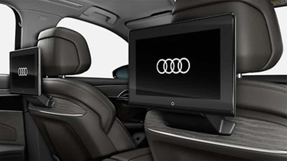 Rear seat entertainment screens in a Vesuvius Gray Metallic Audi A8 L