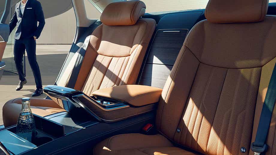 rear seat interior of a Vesuvius Gray Metallic Audi A8 L