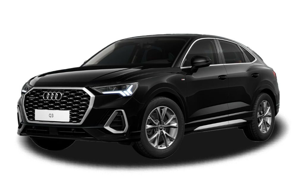 front three-quarter view of a Mythos Black Metallic Audi Q3 Sportback