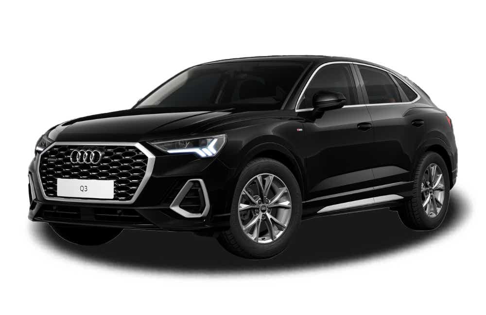front three-quarter view of a Mythos Black Metallic Audi Q3 Sportback