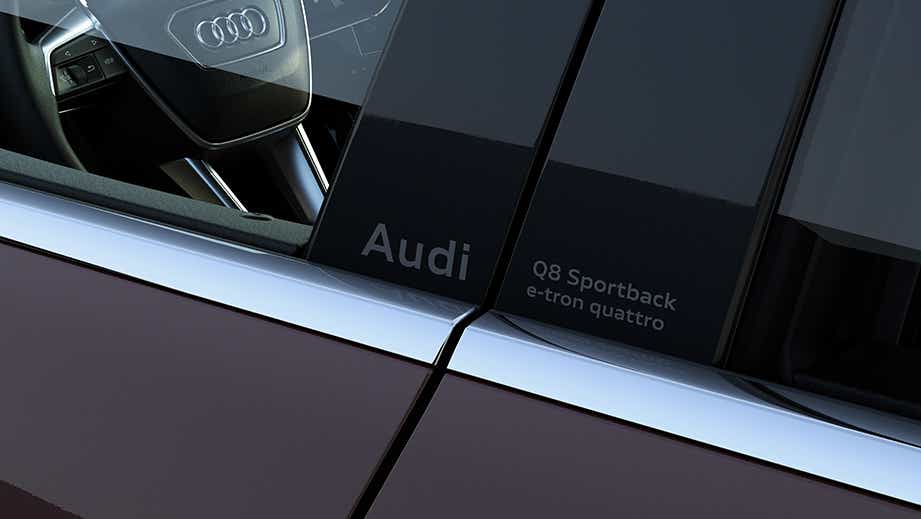 Close-up of door pillar and steering wheel of a Audi Q8 Sportback e-tron