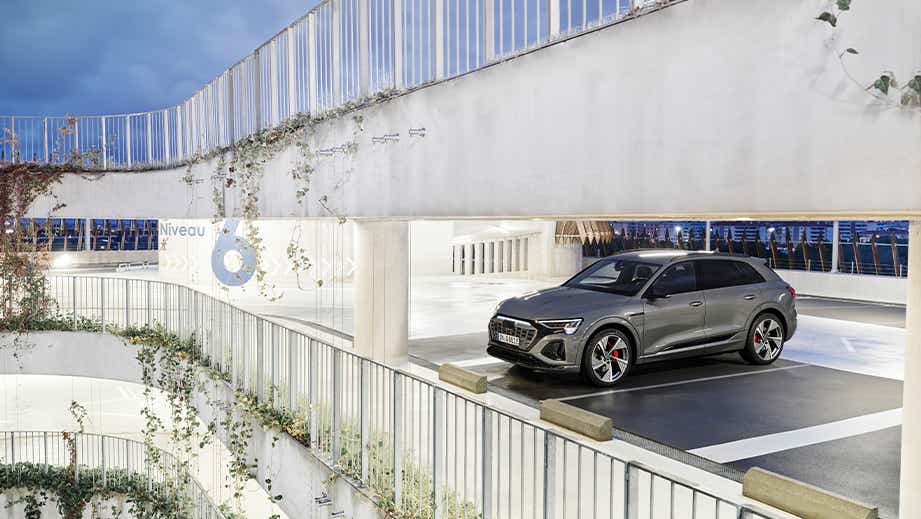 side view of a Chronos Grey Metallic Audi Q8 e-tron