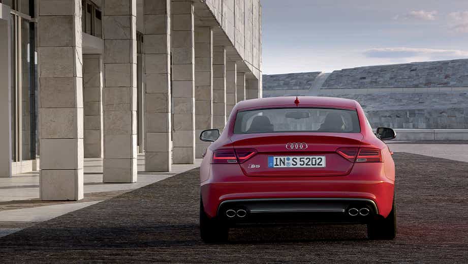 rear view of a Tango Red Metallic Audi S5 Sportback