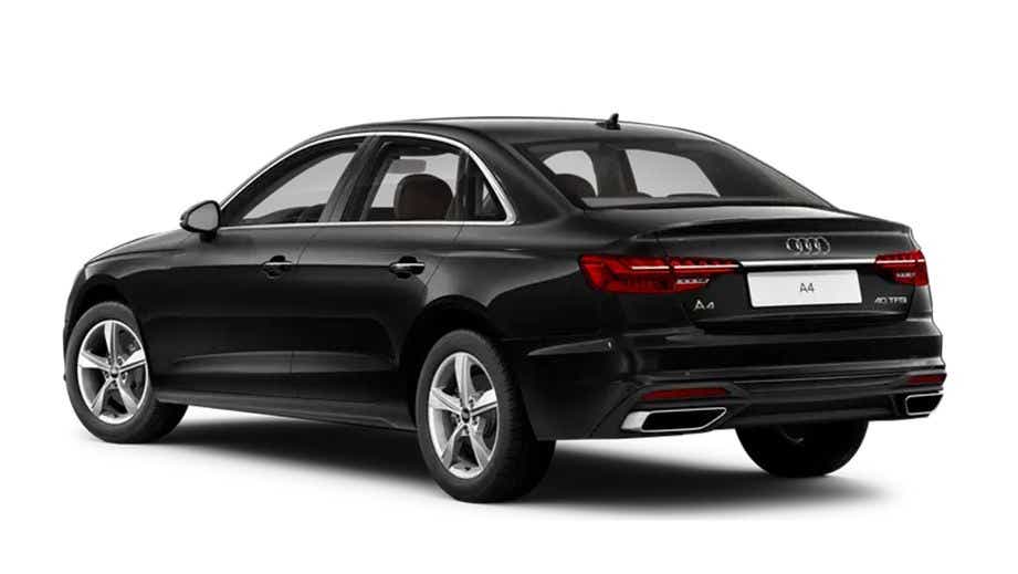 Rear three-quarter view of a Mythos Black Metallic Audi A4
