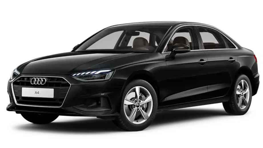 front three-quarter view of a Mythos Black Metallic Audi A4