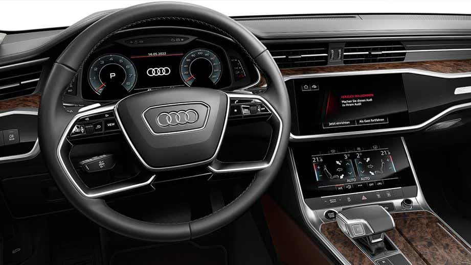 Interior dashboard and steering wheel of an Audi A6