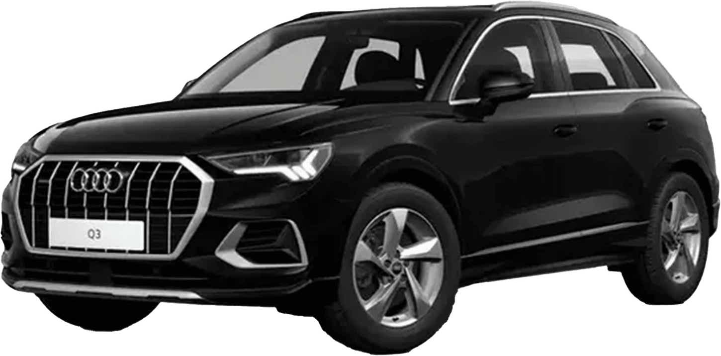 Front three-quarter view of a Mythos Black Metallic Audi Q3