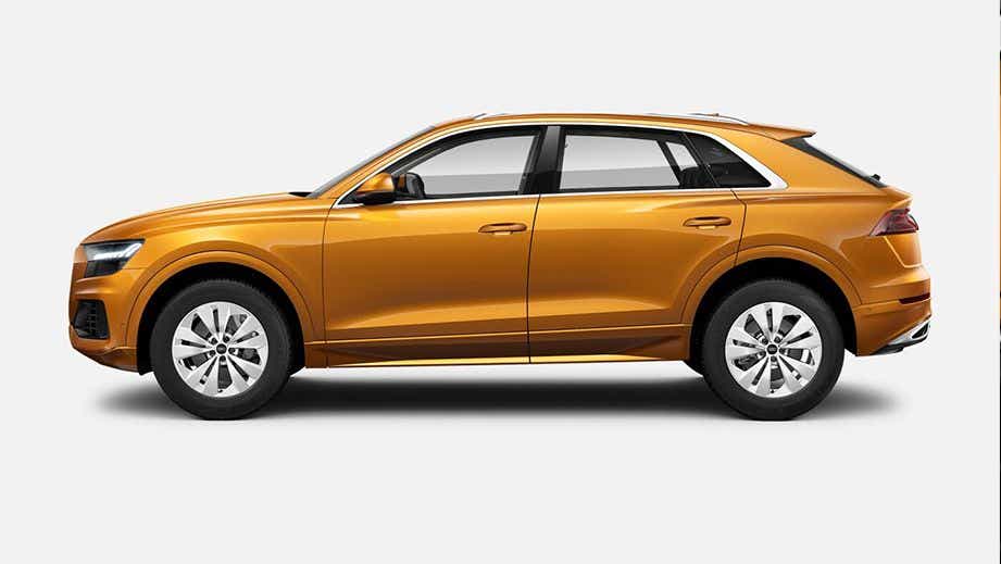 side view of a Dragon Orange Metallic Audi Q8 2020-2023