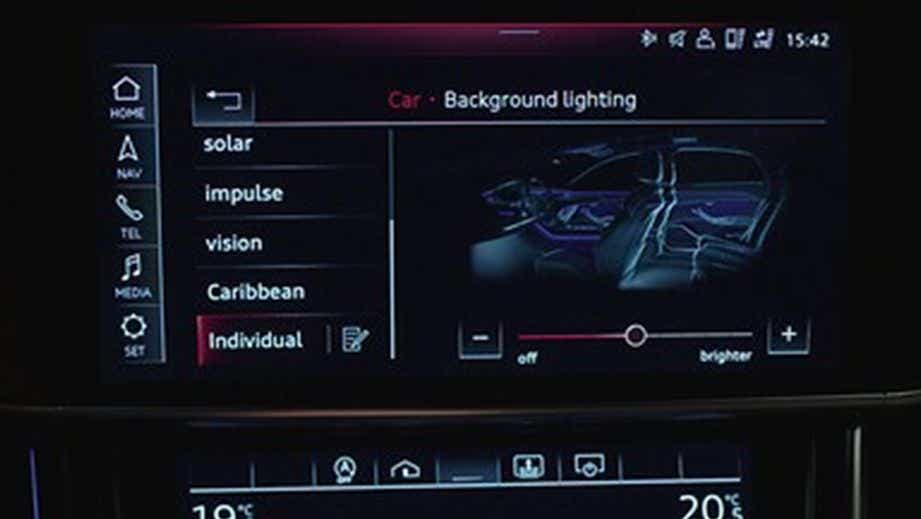 Infotainment screen showing interior lighting settings of a Audi RS Q8