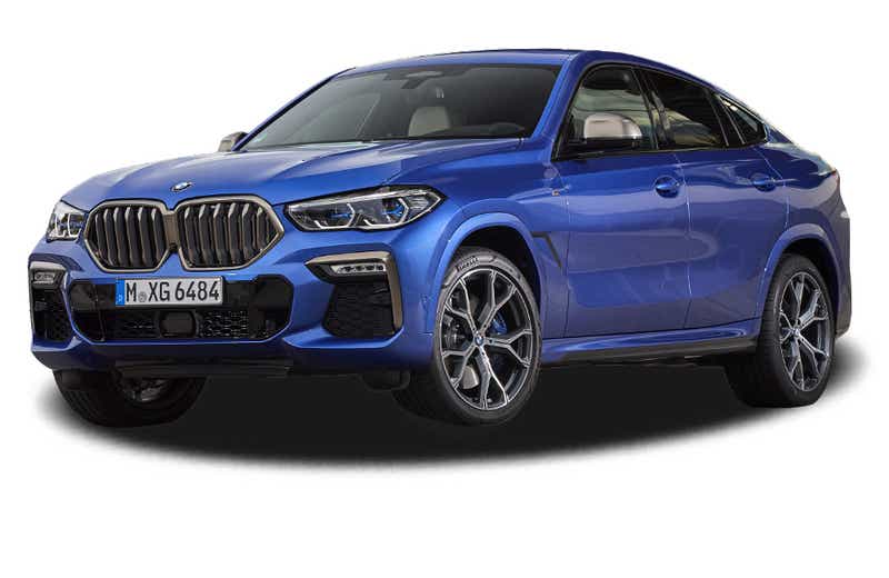 Front three-quarter view of a Tanzanite Blue Metallic BMW X6