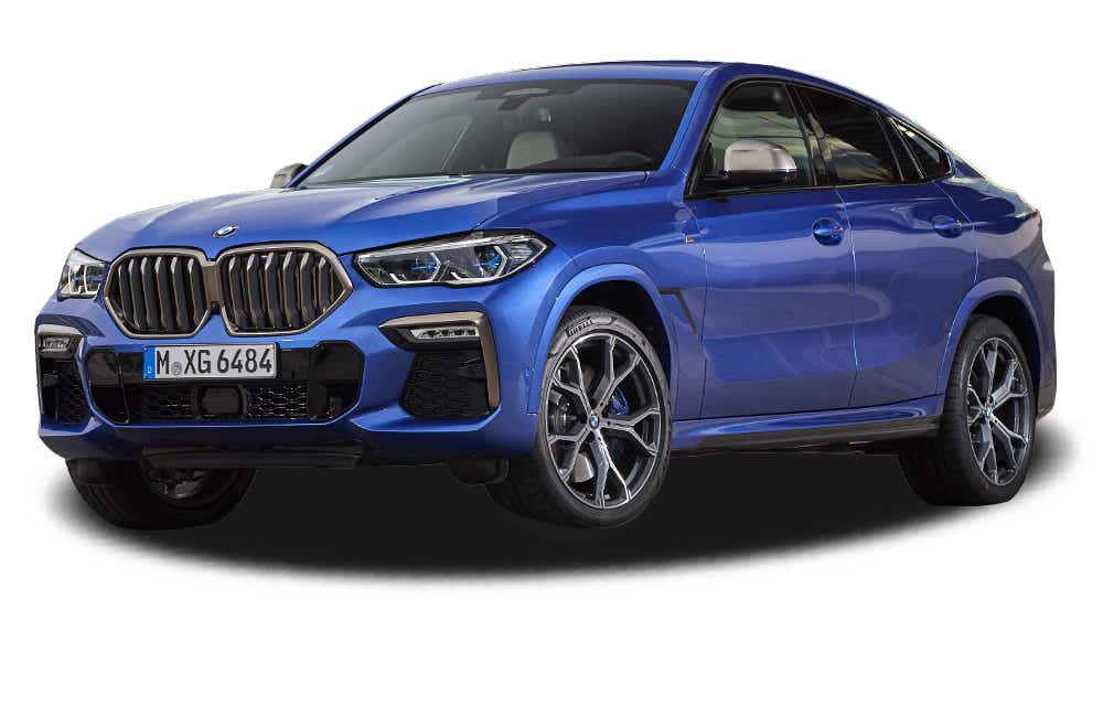 Front three-quarter view of a Tanzanite Blue Metallic BMW X6