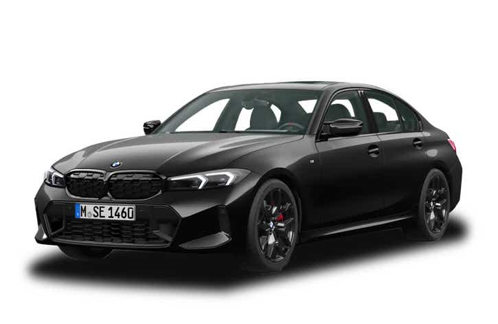 front three-quarter view of a Black Sapphire Metallic BMW 3 Series