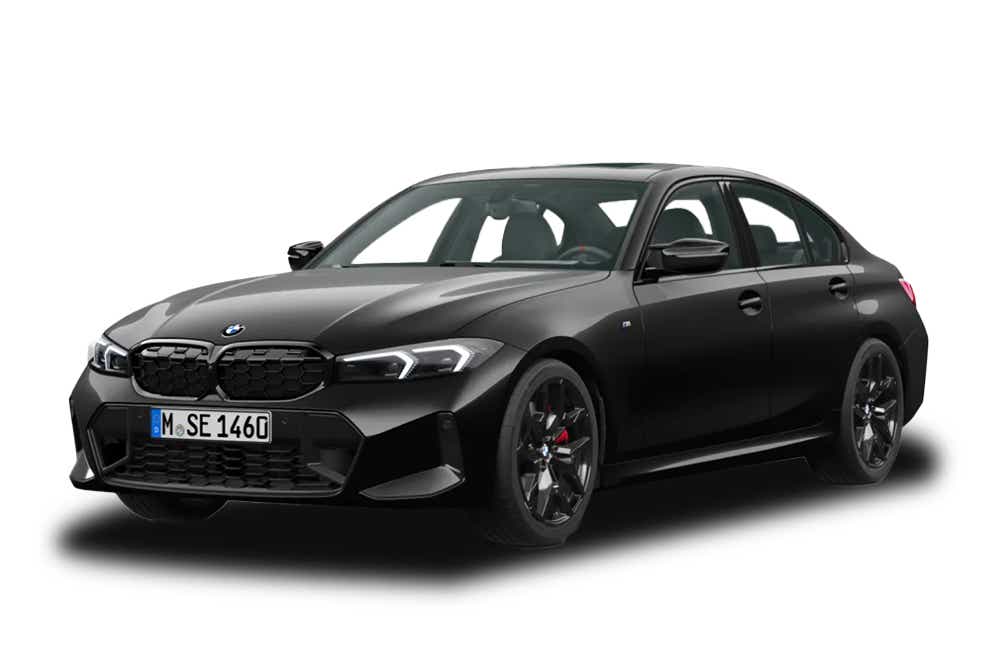 front three-quarter view of a Black Sapphire Metallic BMW 3 Series