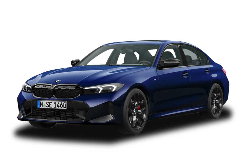 front three-quarter view of a Tanzanite Blue Metallic BMW 3 Series