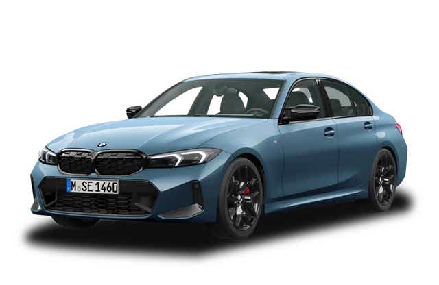 front three-quarter view of a Arctic Race Blue Metallic BMW 3 Series