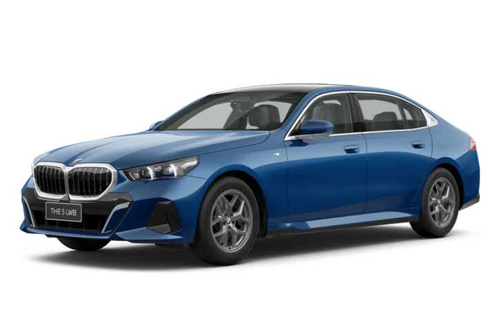 front three-quarter of a Phytonic Blue BMW 5 Series