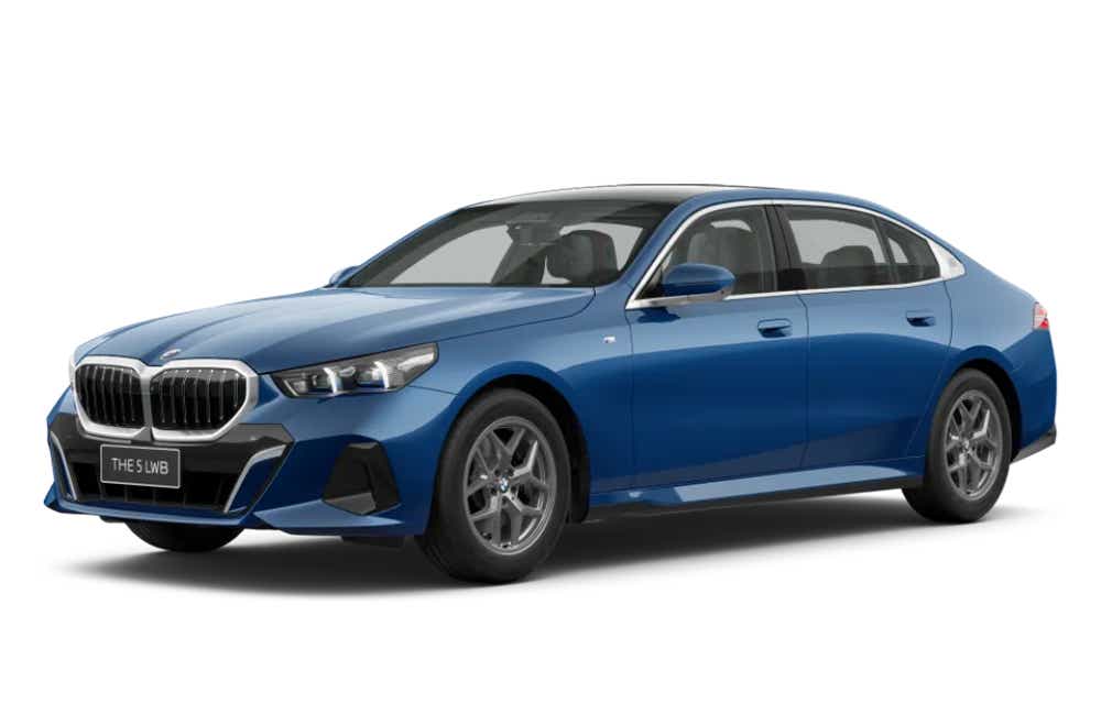 front three-quarter of a Phytonic Blue BMW 5 Series