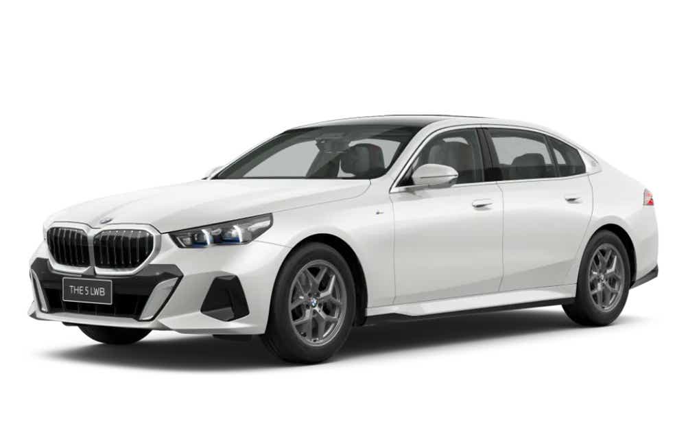 front three-quarter view of a Mineral White BMW 5 Series
